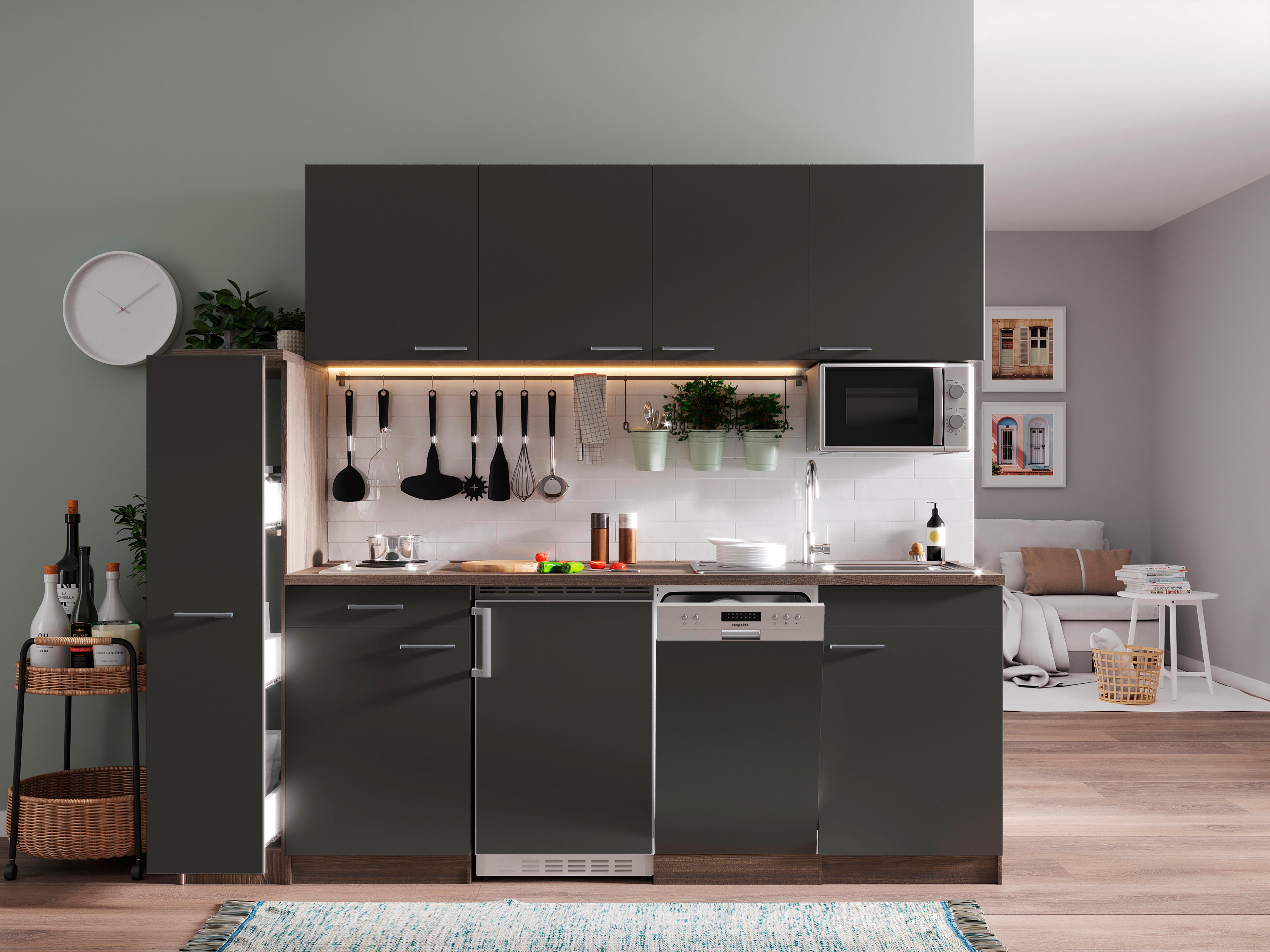 Küchenblock Oliver mit Geräten ca. 225 cm Grau - Eichefarben/Alufarben, Basics, Holzwerkstoff/Kunststoff (225cm) - Respekta