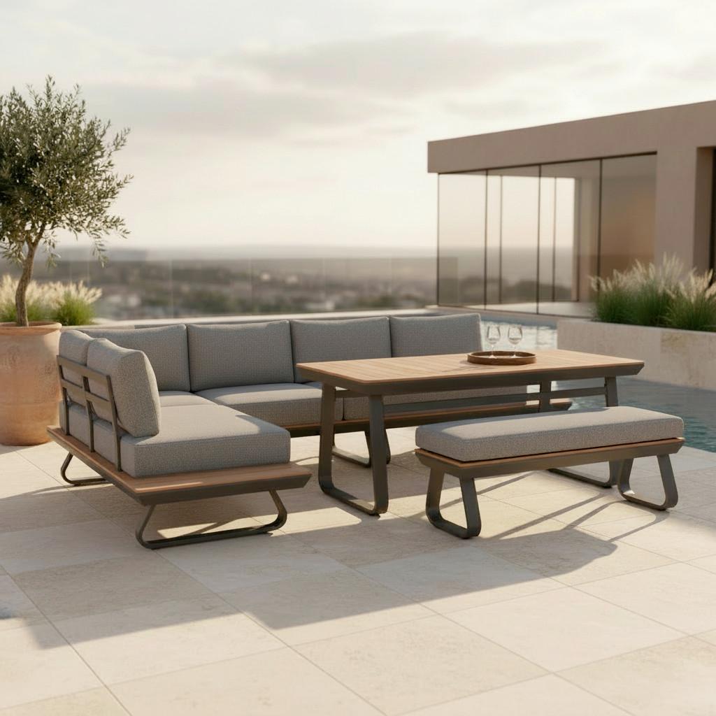 Dining-Loungeset Emma Grau Outdoorstoff/Polywood - Dunkelgrau/Anthrazit, MODERN, Kunststoff/Textil (248/318/72cm) - Bessagi Garden