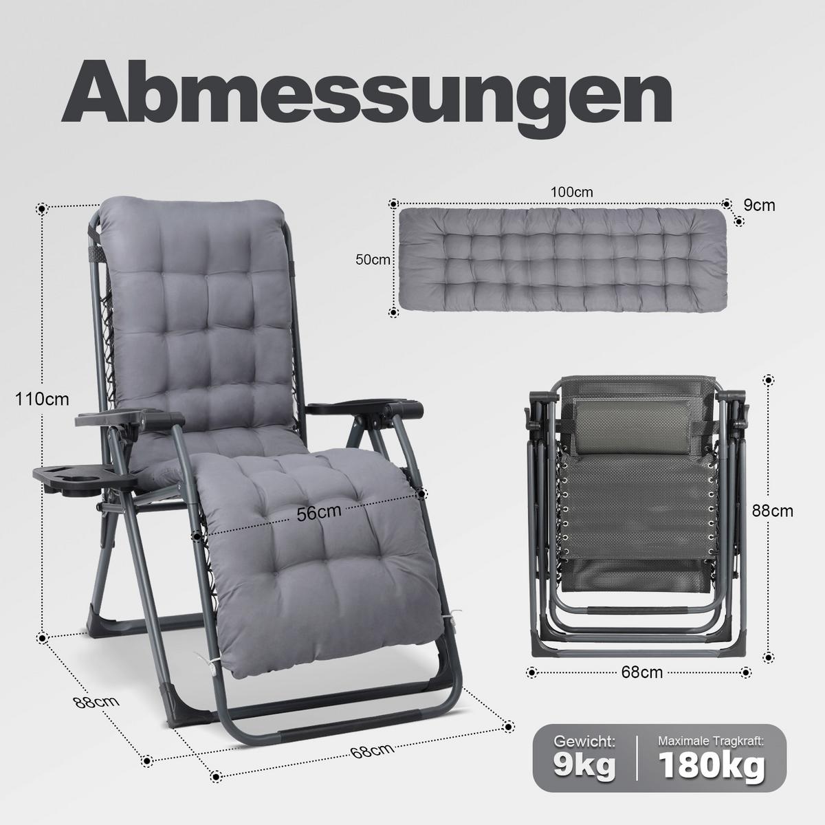 Garten-Relaxsessel Grau klappbar - Grau, Basics, Textil/Metall (68/88/110cm) - Modante