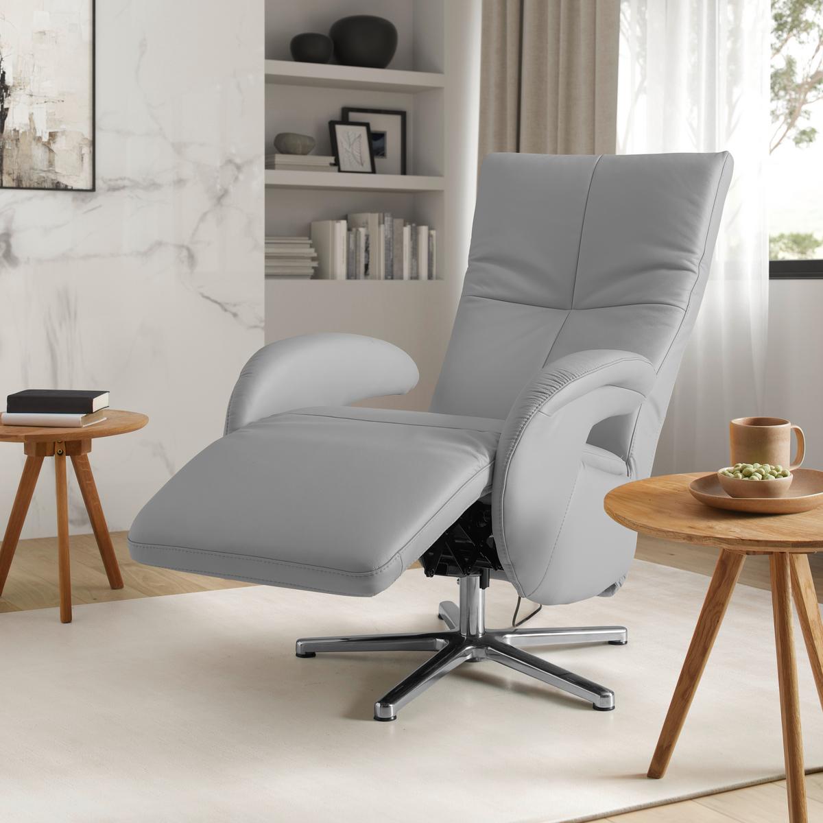 Relaxsessel Sitting 2 Grauweiß - Chromfarben/Grauweiß, MODERN, Leder (70/111/80cm) - Premium Living