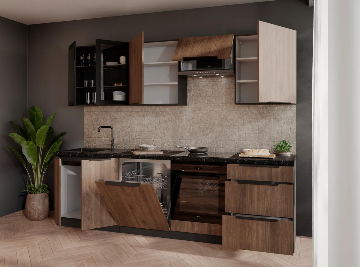 Blok Kuhinja Monza - boje oraha/crna, Moderno, staklo/drvni materijal (260/210/60cm) - Modern Living