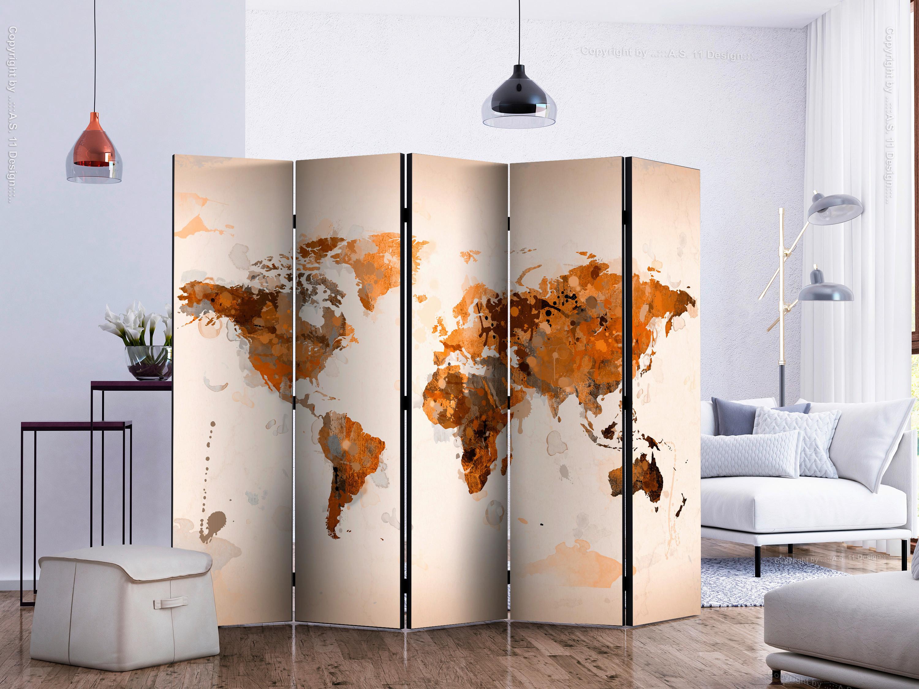 Paravan World In Brown Shades I, 5-Delni, Dvostranski - bež/barve konjaka, Basics, tekstil/les (225/172/3cm) - artgeist