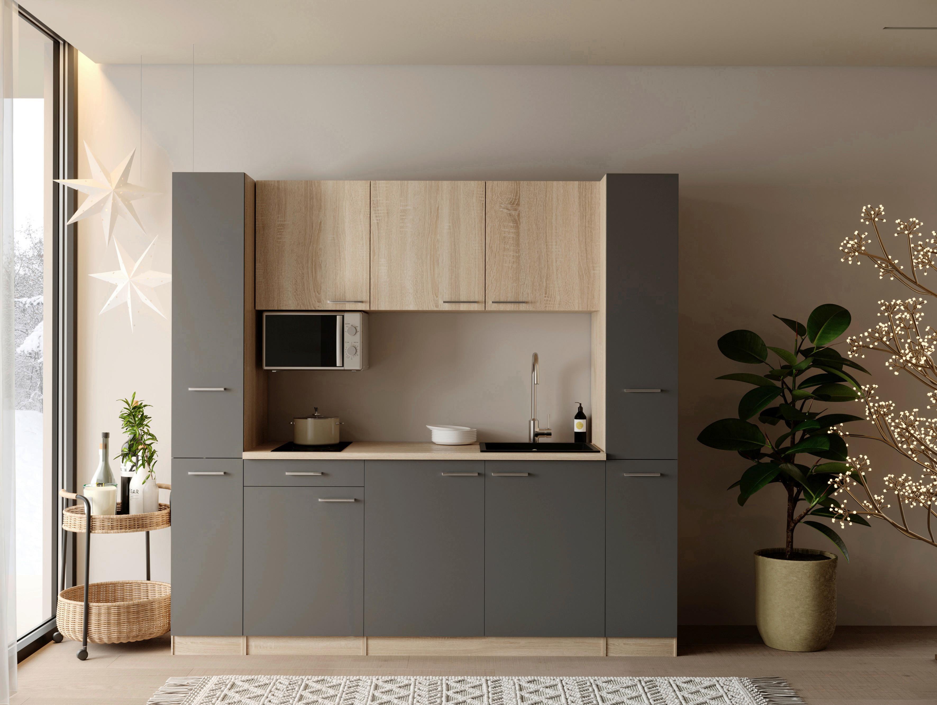Küchenblock Ingrid m. Geräten Grau - Eichefarben/Alufarben, Design, Holzwerkstoff/Kunststoff (210cm) - Respekta