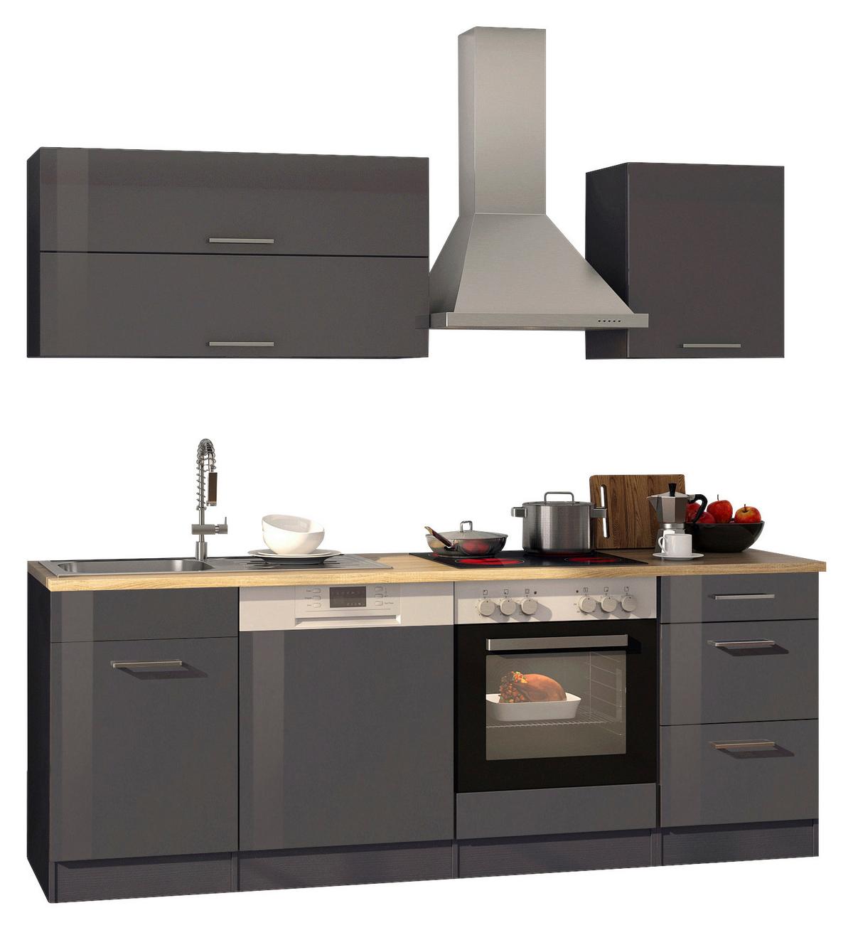 Küchenblock Mailand Anthrazit inkl. E-Geräte - Chromfarben/Eichefarben, MODERN, Holzwerkstoff/Metall (220cm) - Held