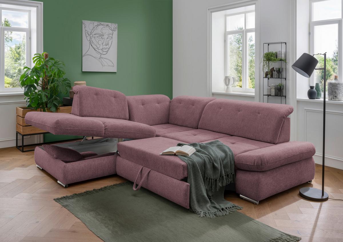Wohnlandschaft Dalida Brombeere Chenille - Chromfarben/Brombeere, Design, Textil/Metall (254/280cm) - Livetastic