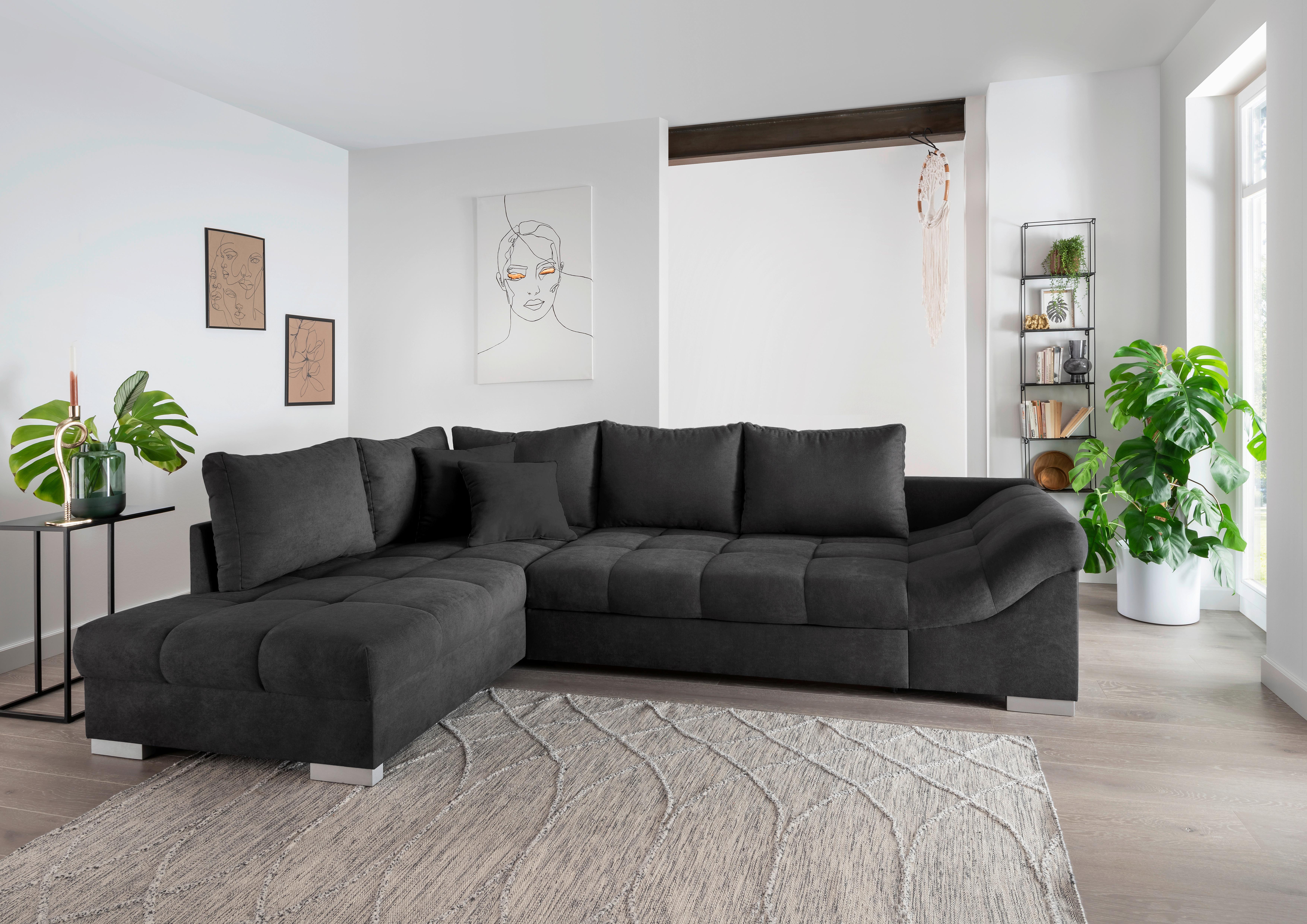 Wohnlandschaft Alvito Schwarz Nylon/Mikrofaser - Silberfarben/Schwarz, Design, Holz/Textil (202/298cm) - MID.YOU