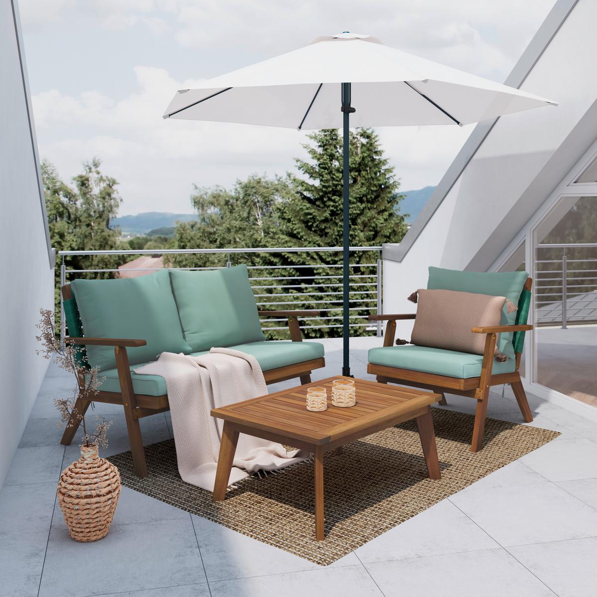 Loungegarnitur Michi Natur/Grün, 4-teilig - Akaziefarben/Grün, Natur, Holz/Textil (124/75/75cm) - Mömax