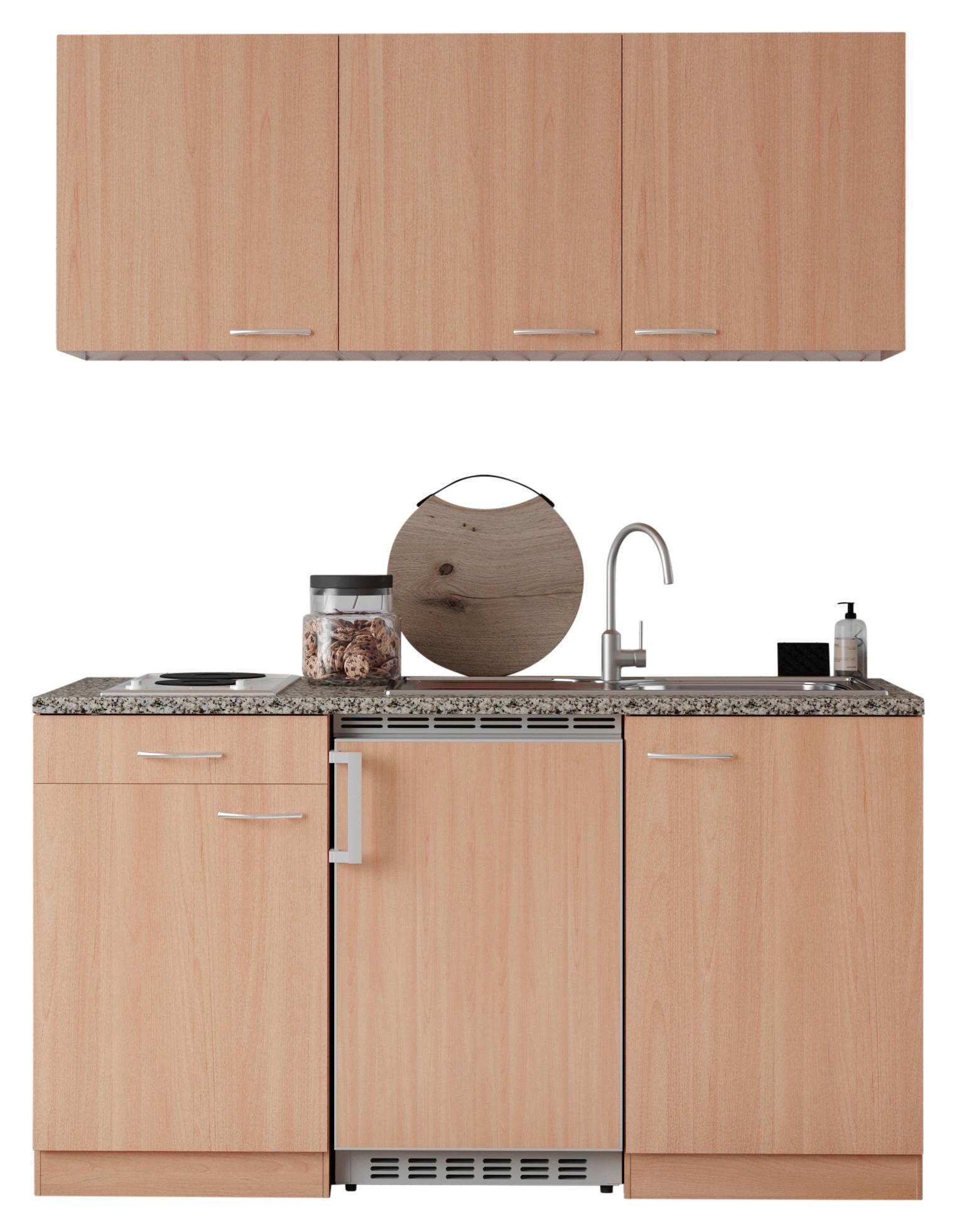 Küchenzeile mit Geräte Buche Dekor/Steinoptik B: ca. 150 cm - Buchefarben/Alufarben, KONVENTIONELL, Holzwerkstoff/Kunststoff (150cm) - Respekta