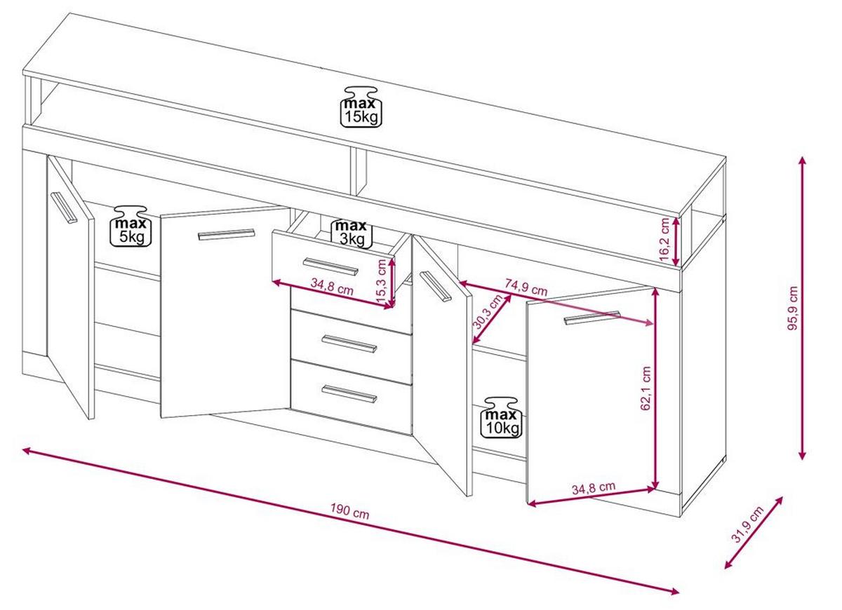 KOMODA SZEROKA LUNA EICHE OLD STYLE/ANTHRAZIT - antracytowy/stary dąb, Basics, materiał drewnopochodny/tworzywo sztuczne (190/95/32cm) - MID.YOU