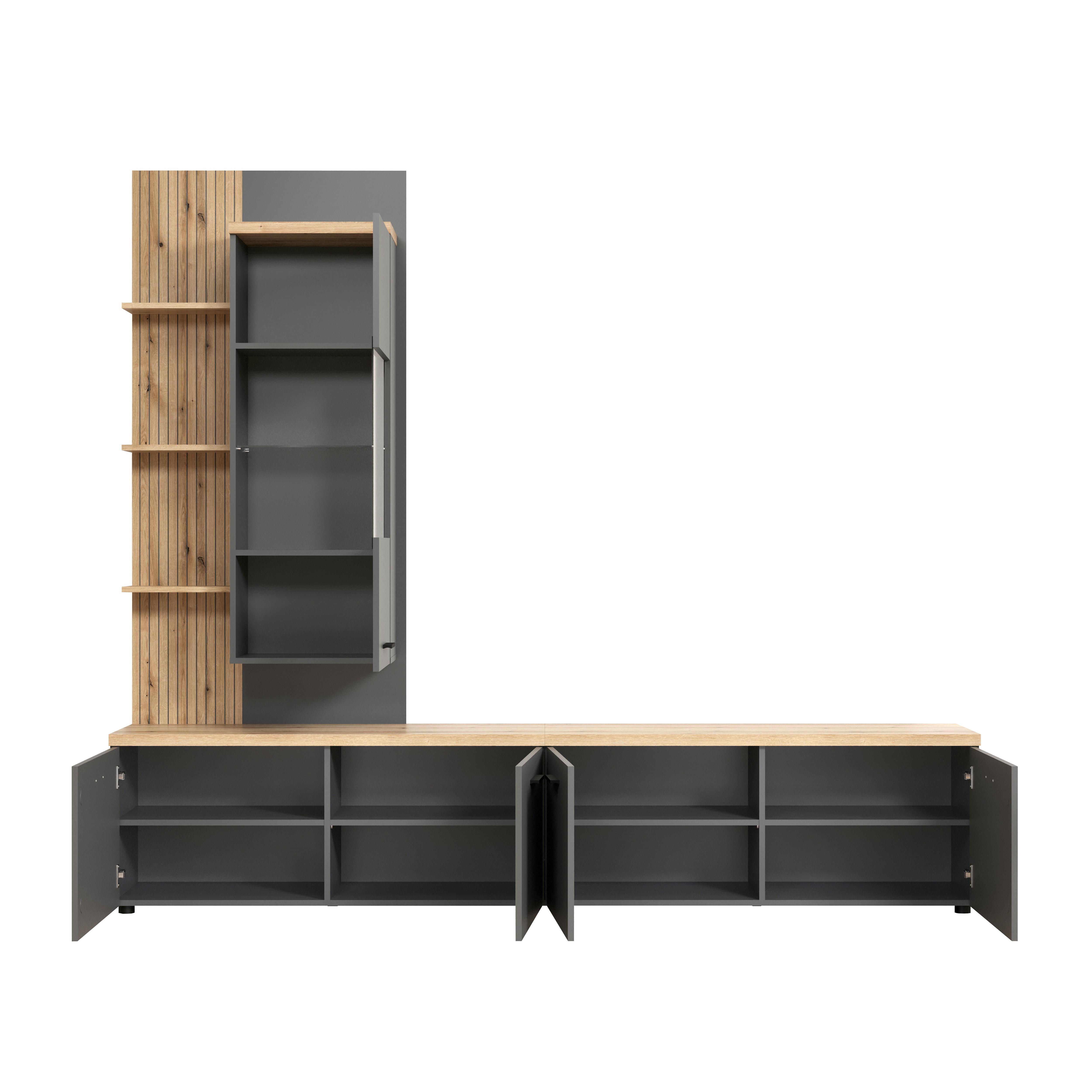 WOHNWAND BAGGIO - Eichefarben/Anthrazit, Design, Glas/Holzwerkstoff (240/212/40cm) - MID.YOU