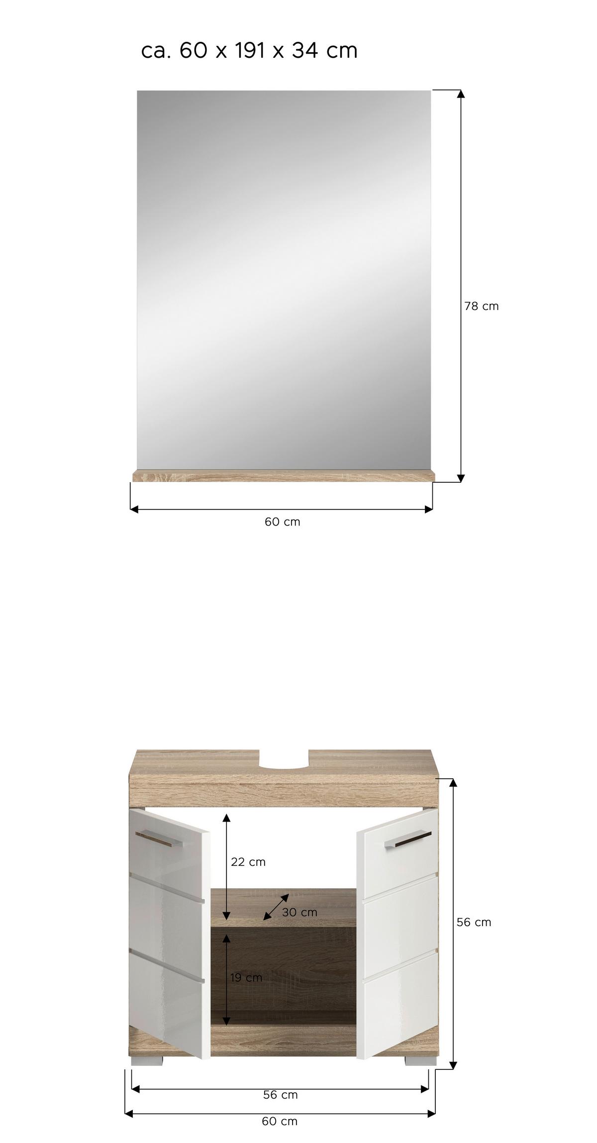 Badezimmer Lambada 2-tlg. ca. 60 cm Eiche/Weiß - Weiß Hochglanz/Silberfarben, MODERN, Glas/Holzwerkstoff (60cm) - MID.YOU