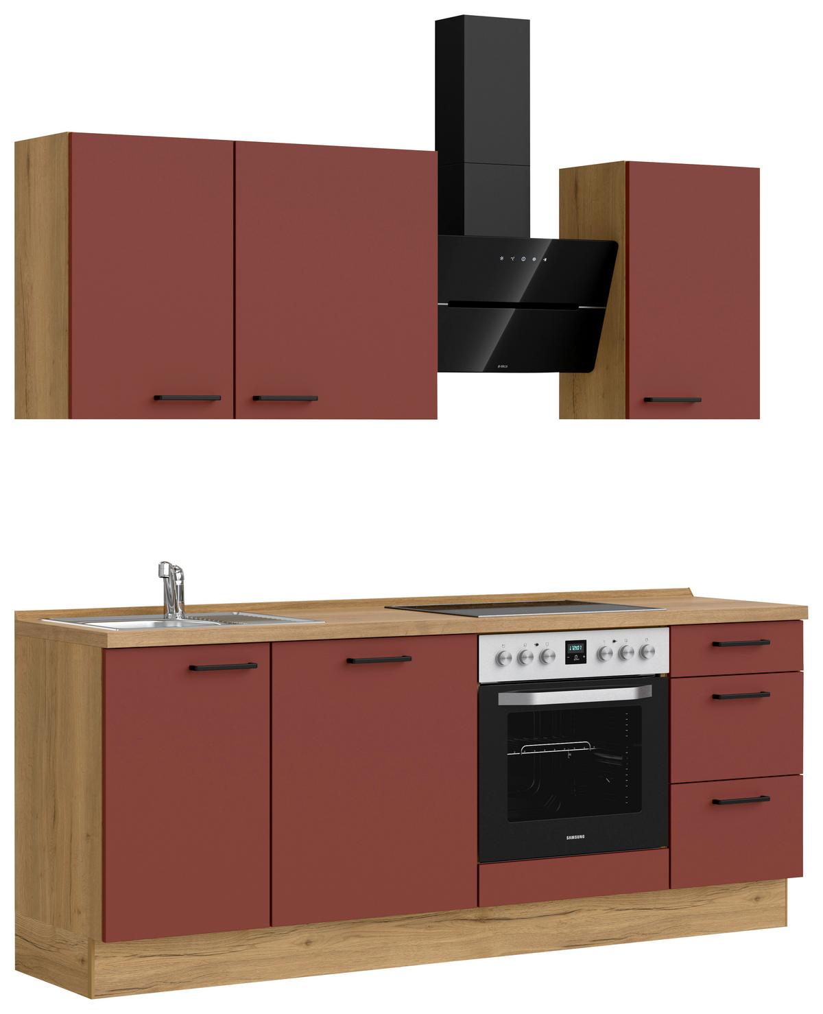 Küchenblock Easytouch High m. Geräten Dunkelrot - Eichefarben/Schwarz, MODERN, Holzwerkstoff/Metall (210cm) - Nobilia