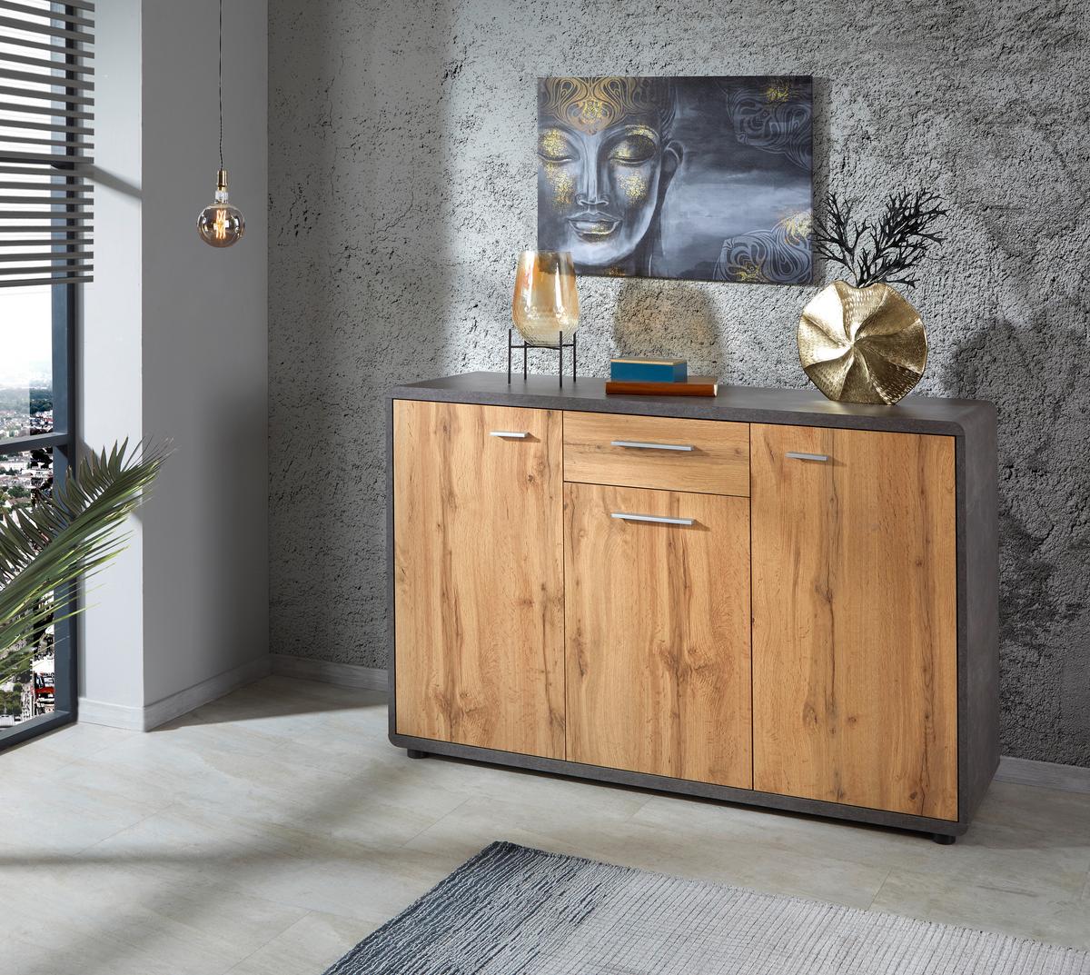 Komoda Fontana New - temno siva/barve hrasta, Moderno, umetna masa/leseni material (132/87/40cm) - Mömax