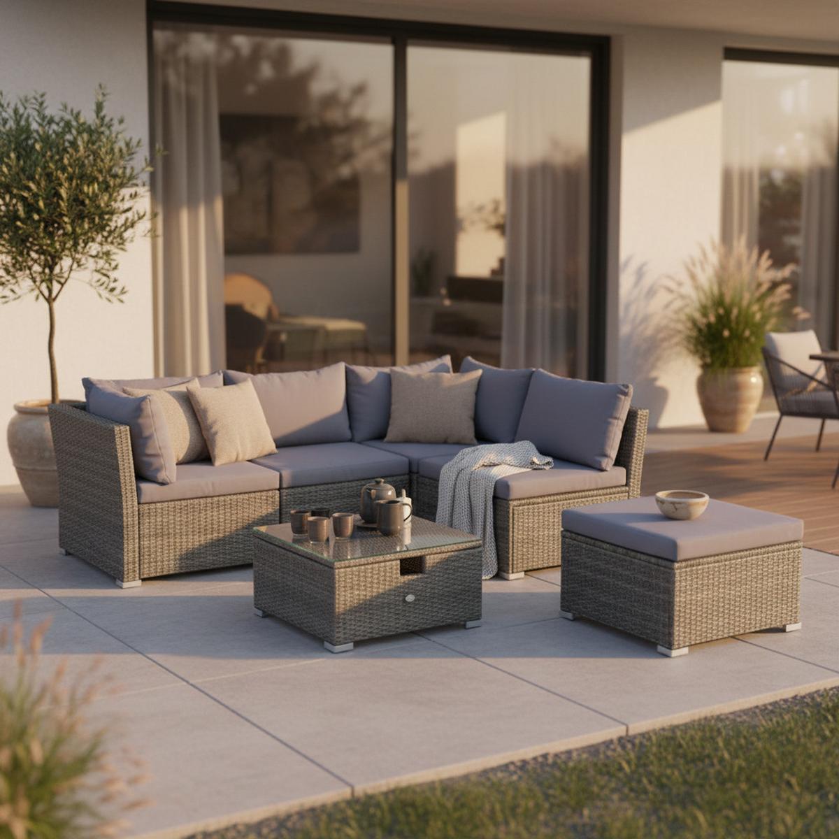 Loungegarnitur 14-tlg Malaga Grau - Grau, KONVENTIONELL, Glas/Kunststoff (190/40/181cm) - Gardenson