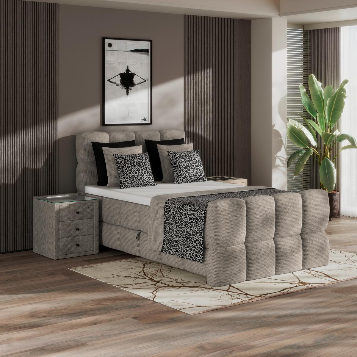 Postelja Boxspring Brisbane, Bež, 140x220 - črna/bež, Trend, kovina/umetna masa (140/220cm) - Premium Living