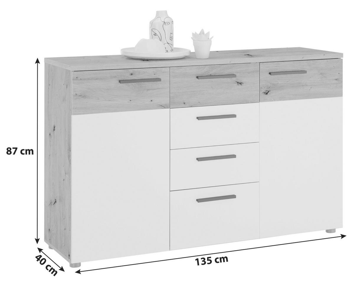 Comodă JULIA III - alb/stejar Artisan, Konventionell, material pe bază de lemn (135/87/40cm)