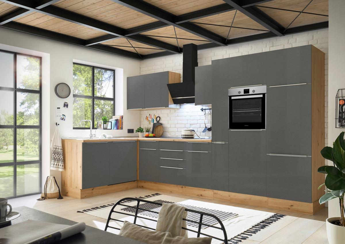 Eckküche Marleen mit Geräten Grau ca. 370x170 cm - Anthrazit/Alufarben, LIFESTYLE, Holzwerkstoff/Kunststoff (170/370cm) - Respekta