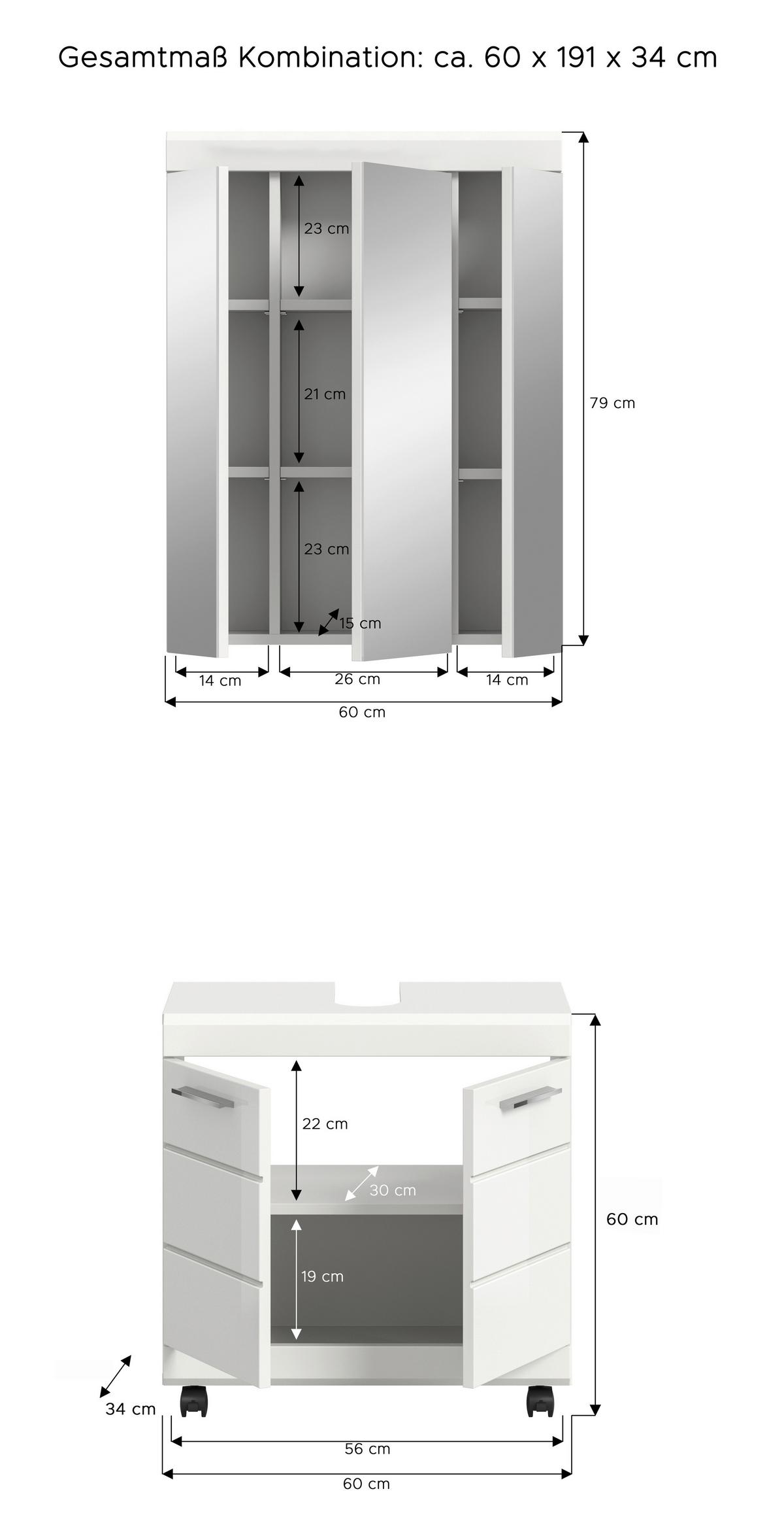 Badezimmer Scout Weiß/Weiß Hochglanz 2-teilig - Weiß Hochglanz/Silberfarben, Trend, Glas/Holzwerkstoff (60cm) - MID.YOU