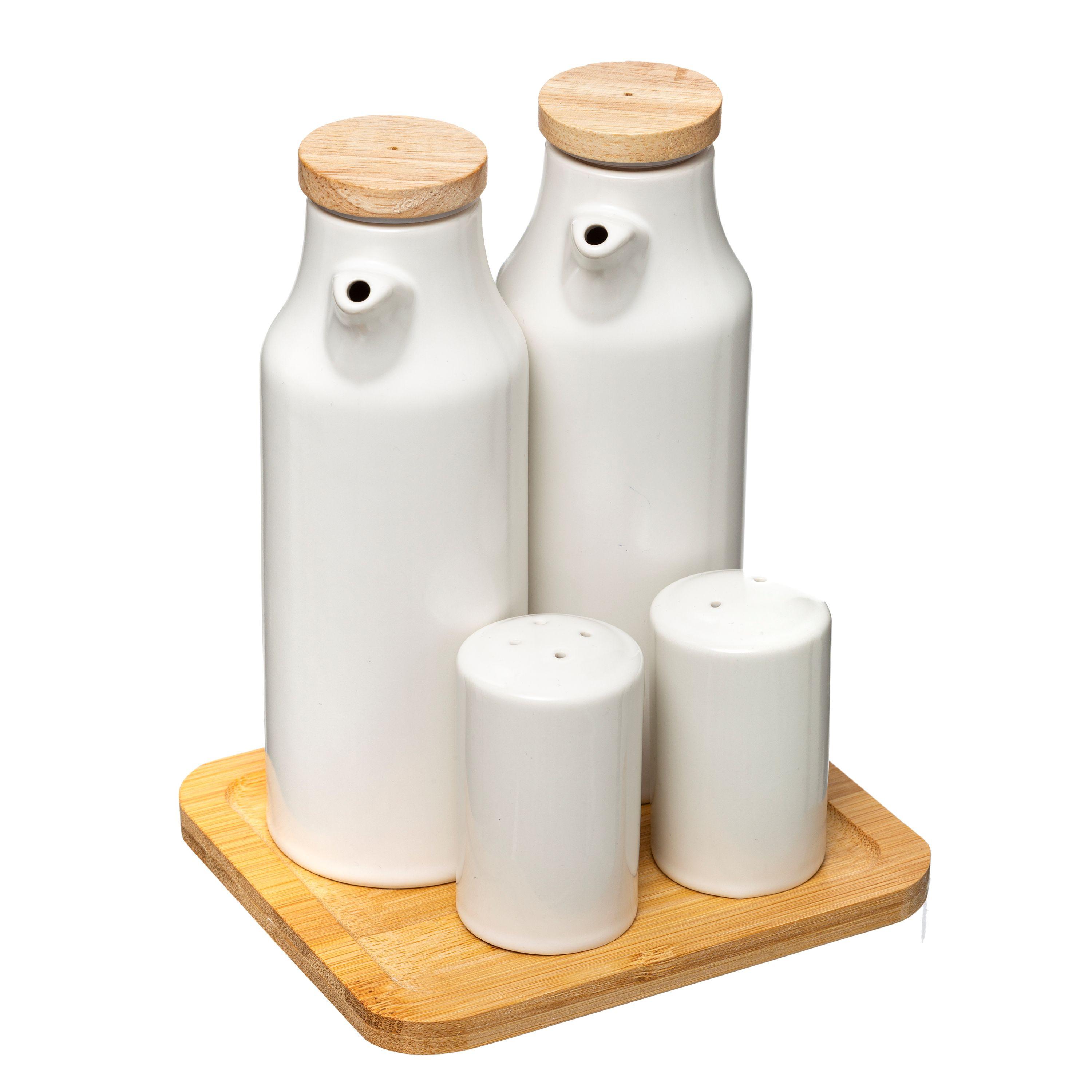 Set olivieră și oțetieră 5/1 Sera - alb/culoare natur, Basics, ceramică/lemn (15,3/13,3/18cm)