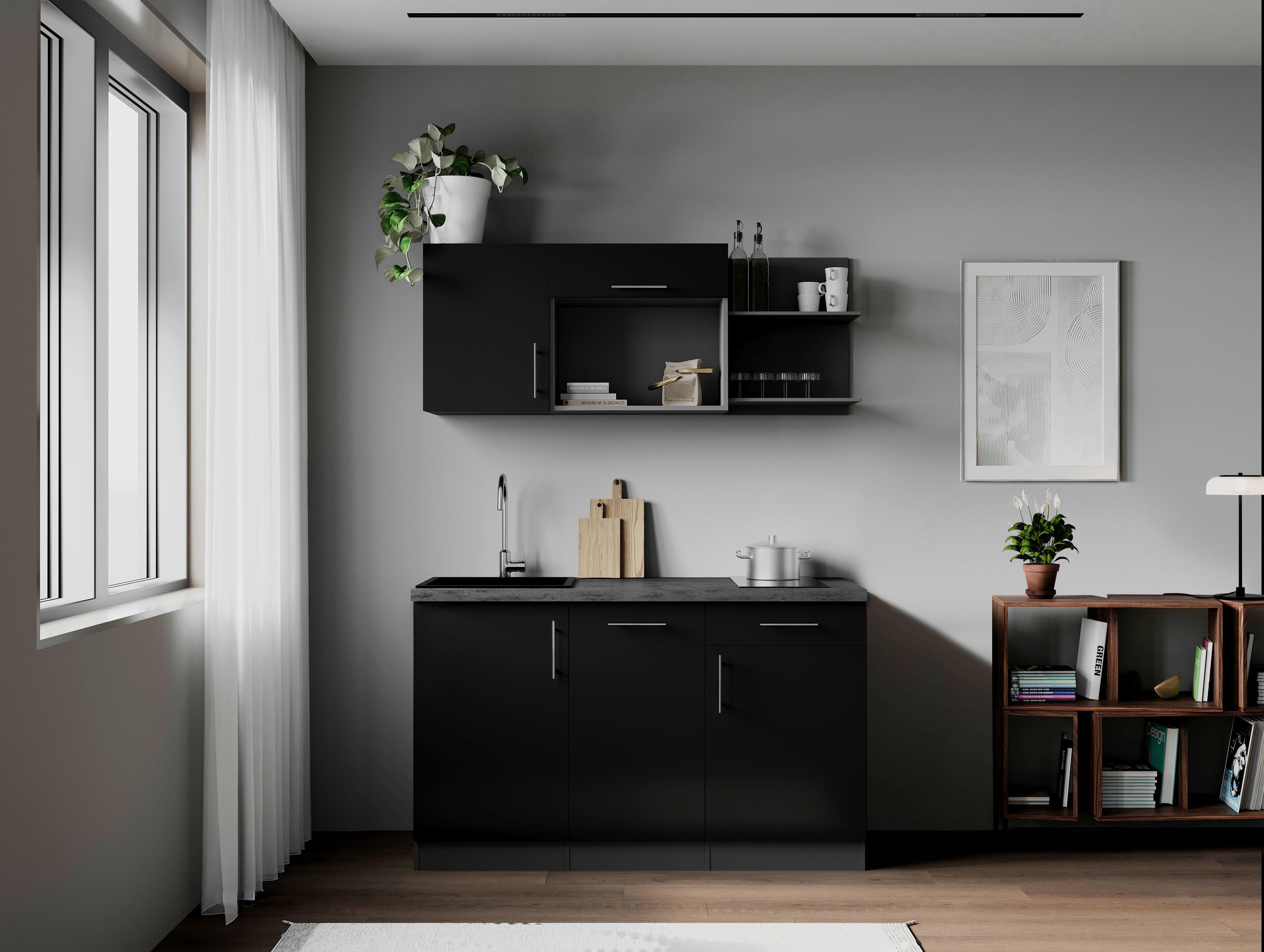 Miniküche Oliver m. Geräten ca. 145cm Schwarz - Schwarz/Grau, Trend, Holzwerkstoff/Metall (145cm) - Respekta