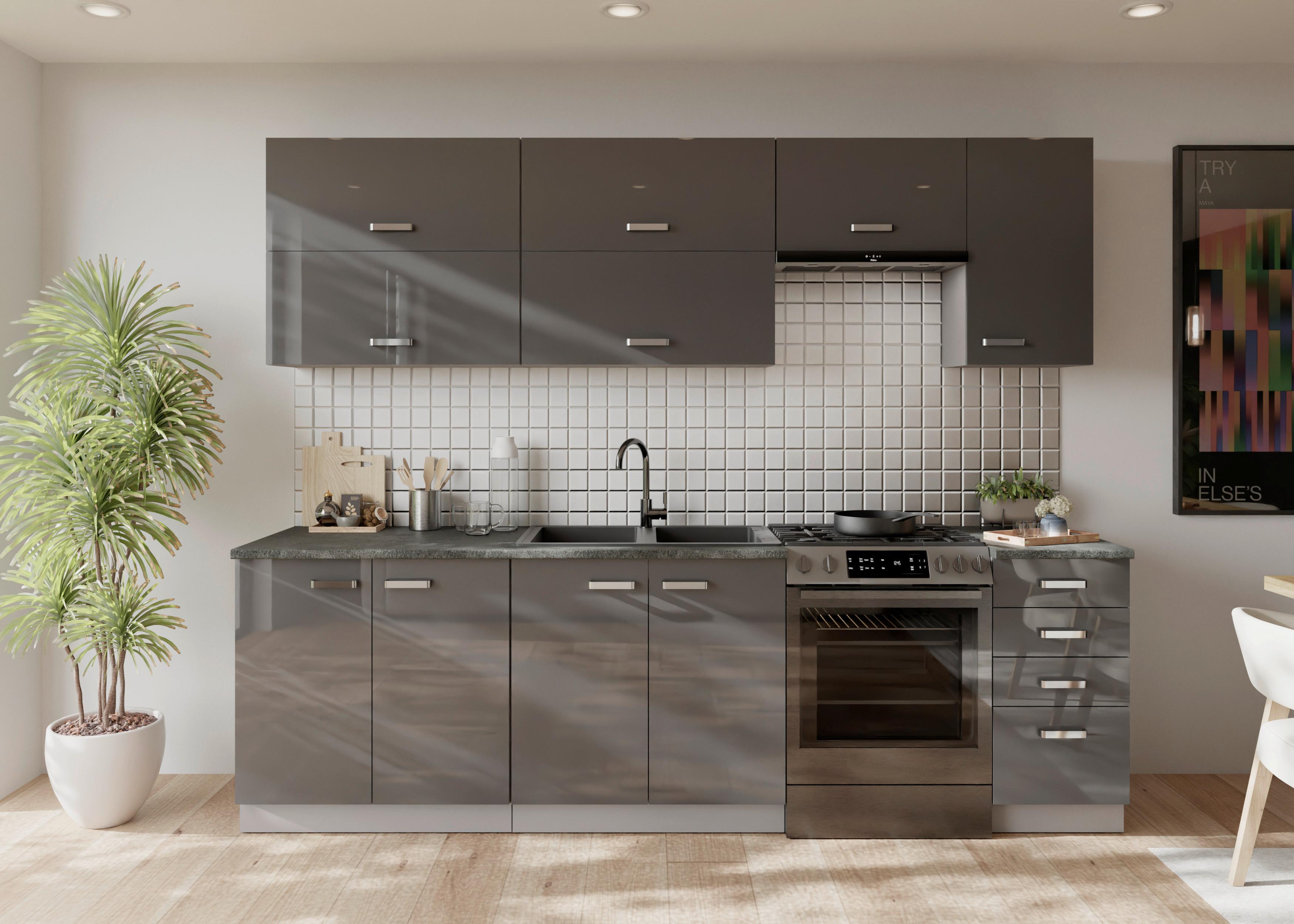 Blok Kuhinja Grey - siva visoki sjaj/boja hroma, Moderno, metal/pločasti materijal (260/214/60cm) - Modern Living
