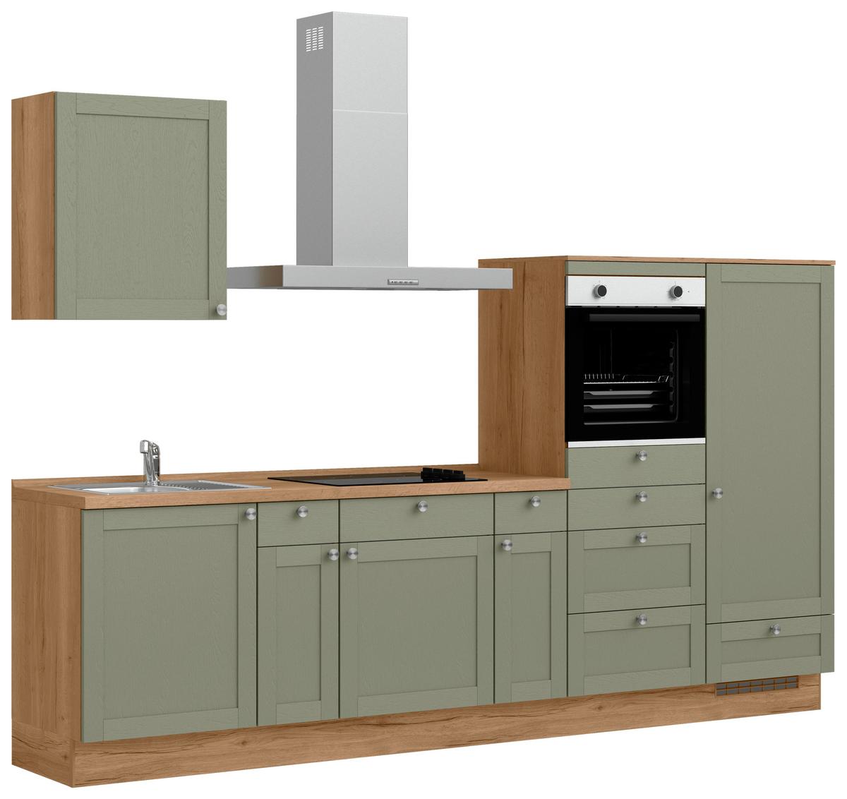 Küchenleerblock Frame Low o. Geräte Olivgrün - Edelstahlfarben/Eichefarben, MODERN, Holzwerkstoff/Metall (300cm) - Nobilia