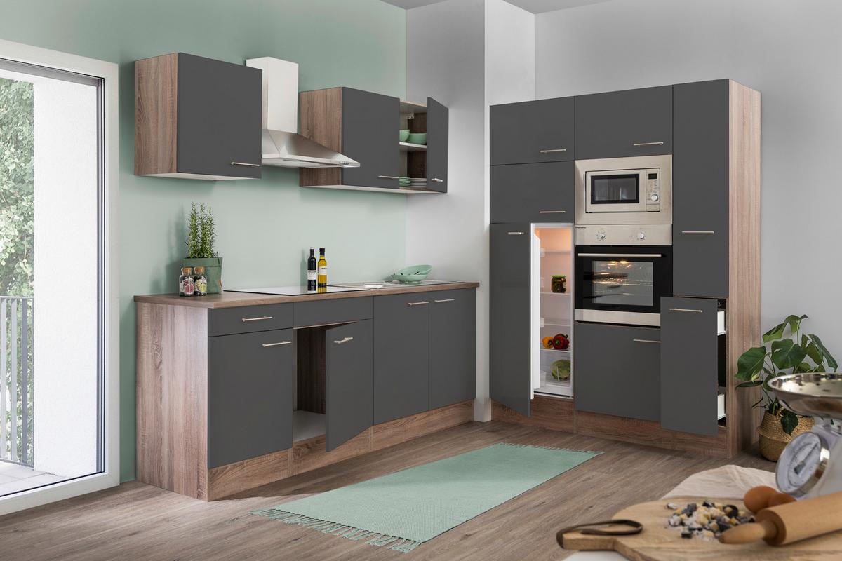 Küchenblock mit Geräten Grau/Eiche B: ca. 360 cm - Edelstahlfarben/Eichefarben, Design, Holzwerkstoff/Metall (360cm) - Respekta