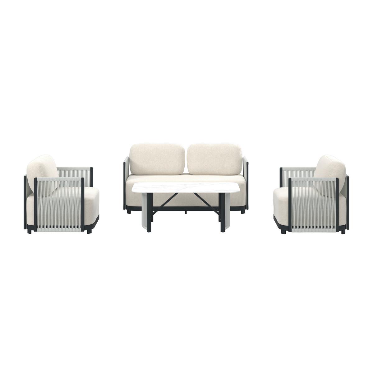 Loungegarnitur Coralie Creme Metall/Outdoorstoff +Abdeckung - Anthrazit/Creme, MODERN, Textil/Stein (155/62cm) - Bessagi Garden