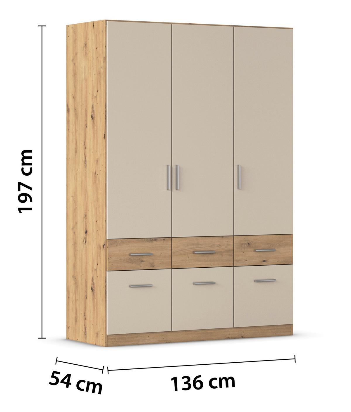 Drehtürenschrank Celle-Super Champagner/Eiche Artisan - Champagner/Alufarben, KONVENTIONELL, Holzwerkstoff/Kunststoff (136/197/54cm) - Mömax