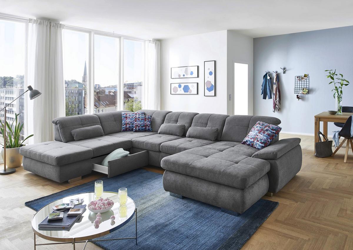 U-alakú Kanapé Paso - ezüstszínű, Konventionell, faalapú anyag/fém (374/83/260cm) - Premium Living