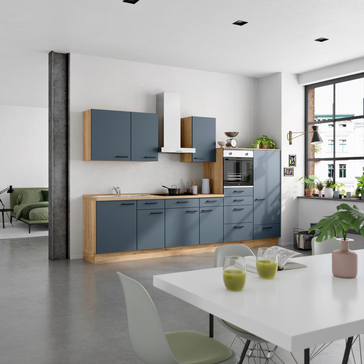 Küchenblock Easytouch Low m. Geräten Blau - Blau/Eichefarben, MODERN, Holzwerkstoff/Metall (330cm) - Nobilia