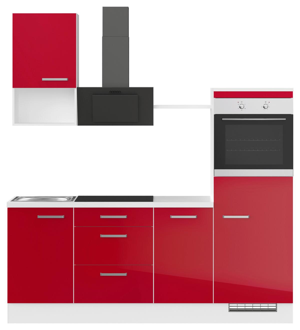Küchenblock mit Geräten ca. 215 cm Rot/Weiß - Edelstahlfarben/Rot, Trend, Holzwerkstoff/Metall (215cm) - Impuls