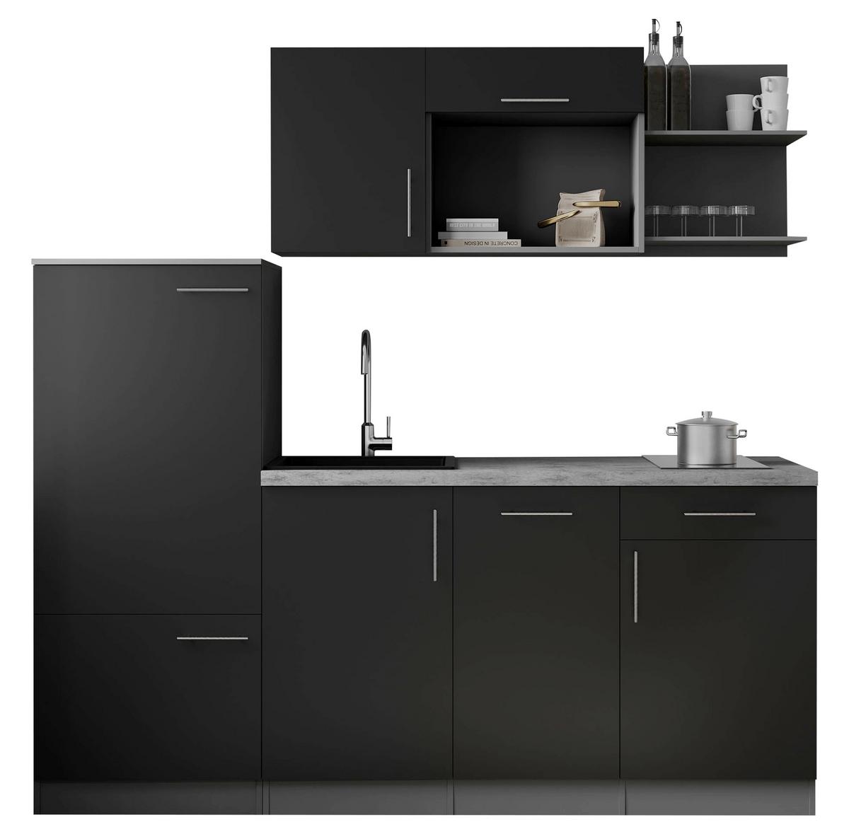 Küchenblock Oliver m. Geräten Schwarz - Schwarz/Grau, Trend, Holzwerkstoff/Metall (205cm) - Respekta