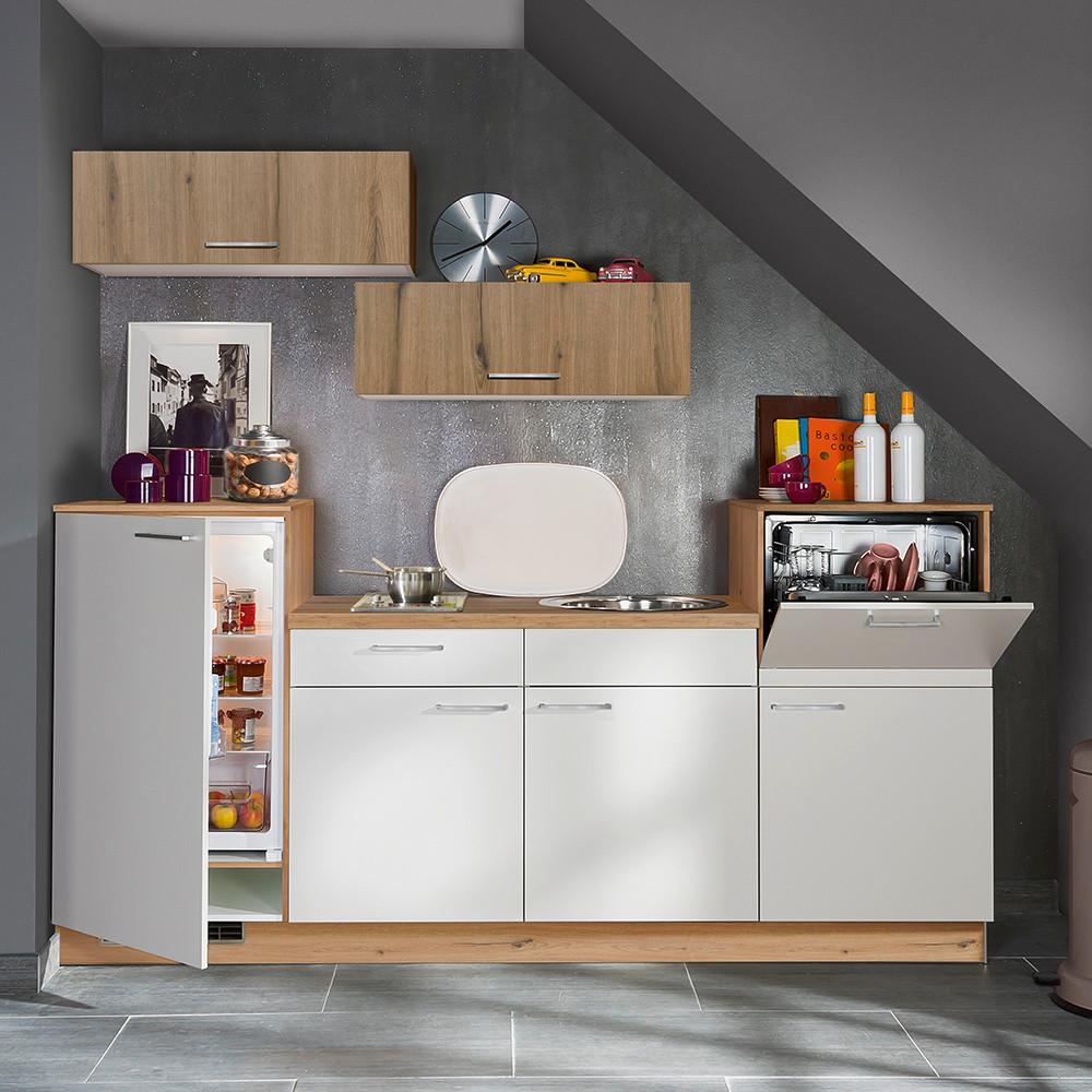 Küchenblock Plan/Win o. Geräte Weiß - Edelstahlfarben/Eichefarben, MODERN, Metall (240cm) - Express-Kuechen