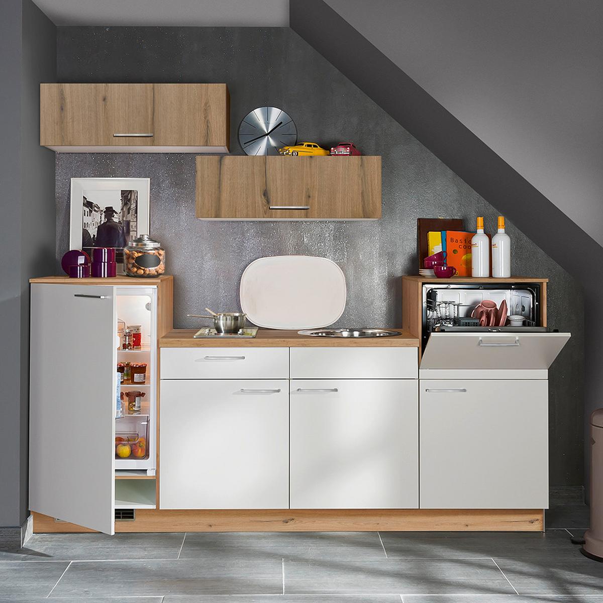 Küchenblock Plan/Win o. Geräte Weiß - Edelstahlfarben/Eichefarben, MODERN, Metall (240cm) - Express-Kuechen