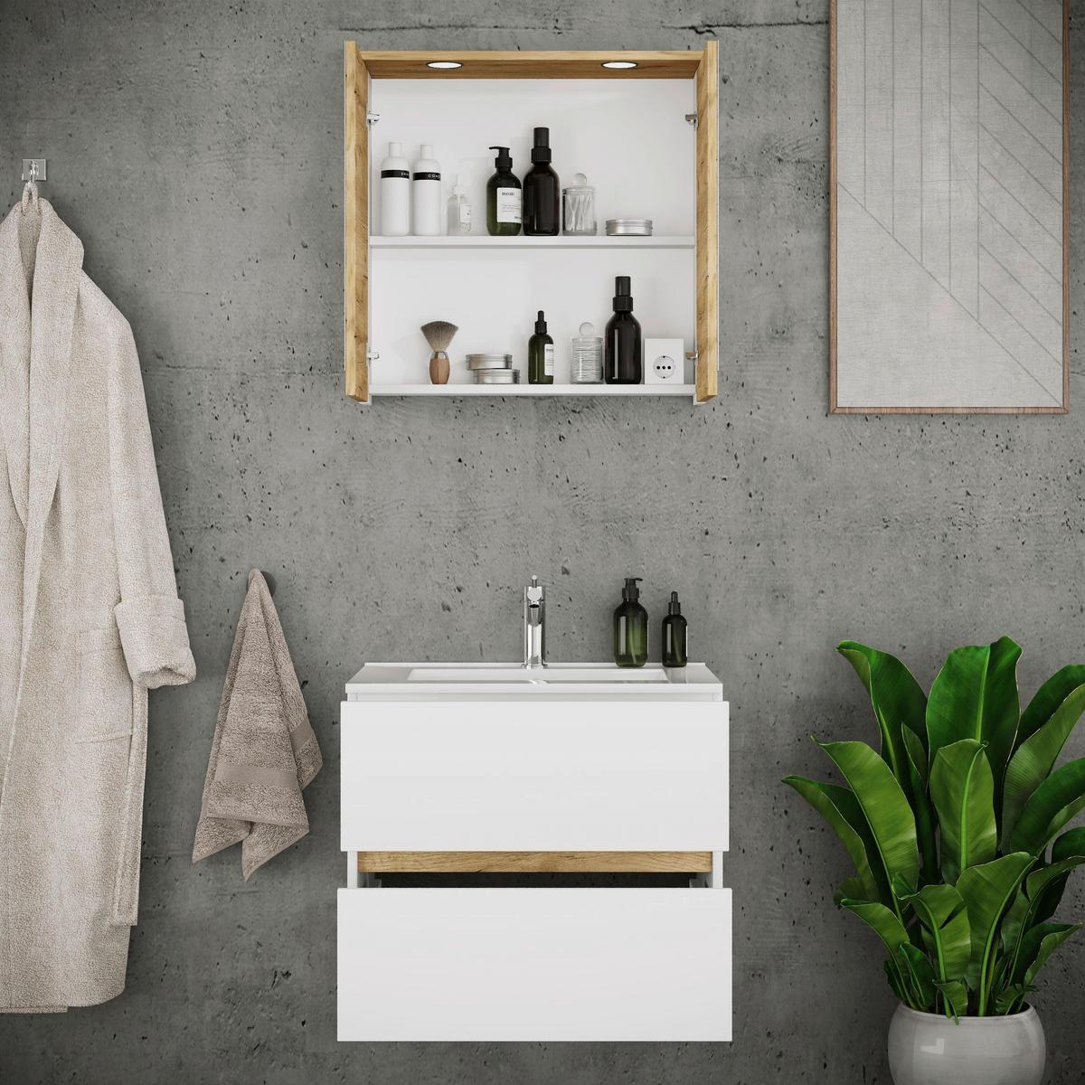 Badezimmer Cosila - Honigeiche/Weiss, Trend, Keramik/Holzwerkstoff (61cm) - MID.YOU