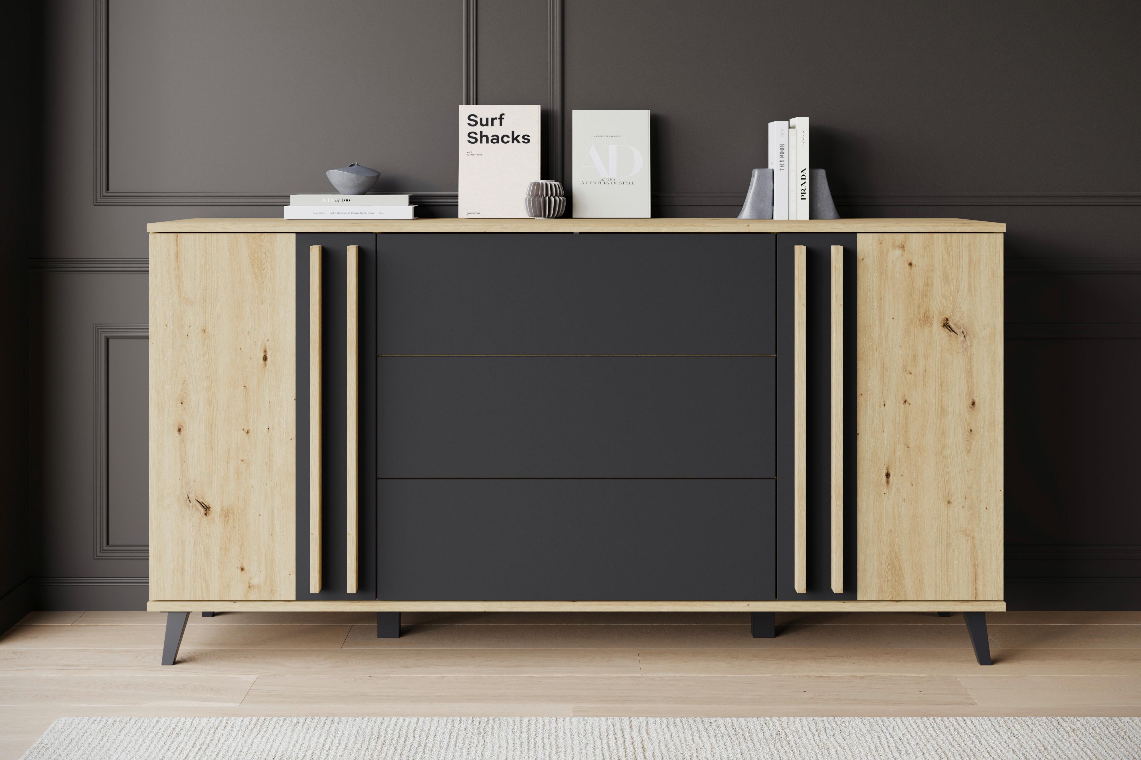 Sideboard Helsinki 150 Eiche Artisan/Schwarz - Schwarz/Eiche Artisan, Trend, Holzwerkstoff/Kunststoff (150/77,8/39,5cm) - P & B