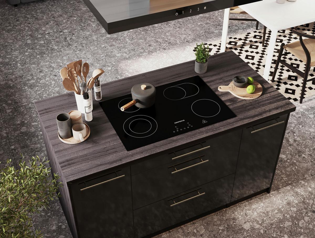 Inselküche Premium Schwarz mit Geräten B: ca. 310 cm - Eichefarben/Schwarz, Basics, Holzwerkstoff/Metall (310/160cm) - Respekta