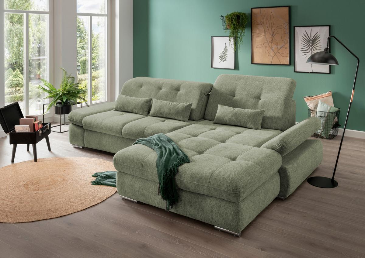 Wohnlandschaft Dalida Grün Chenille - Chromfarben/Grün, Design, Textil/Metall (300/196cm) - Livetastic