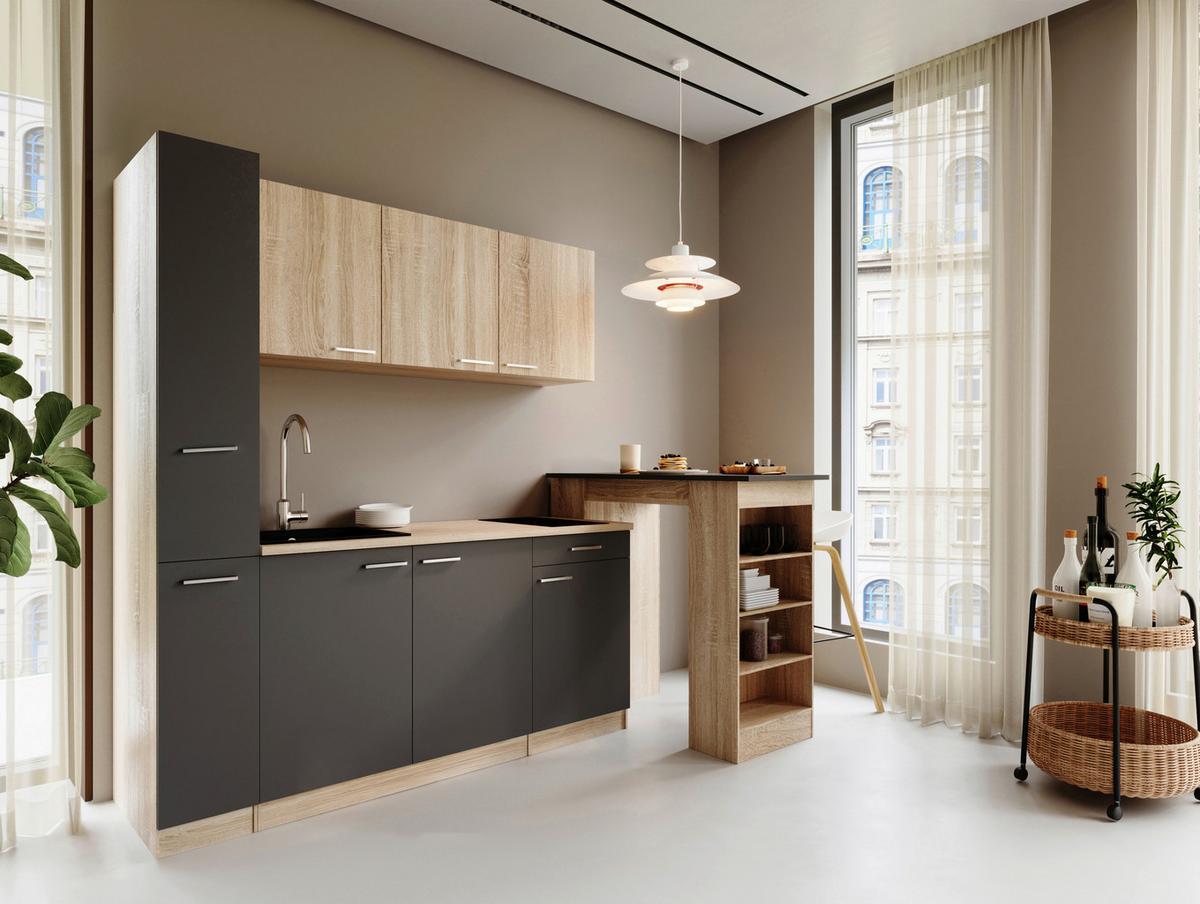 Küchenblock Ingrid m. Gerät Grau - Eichefarben/Alufarben, Design, Holzwerkstoff/Kunststoff (180cm) - Respekta