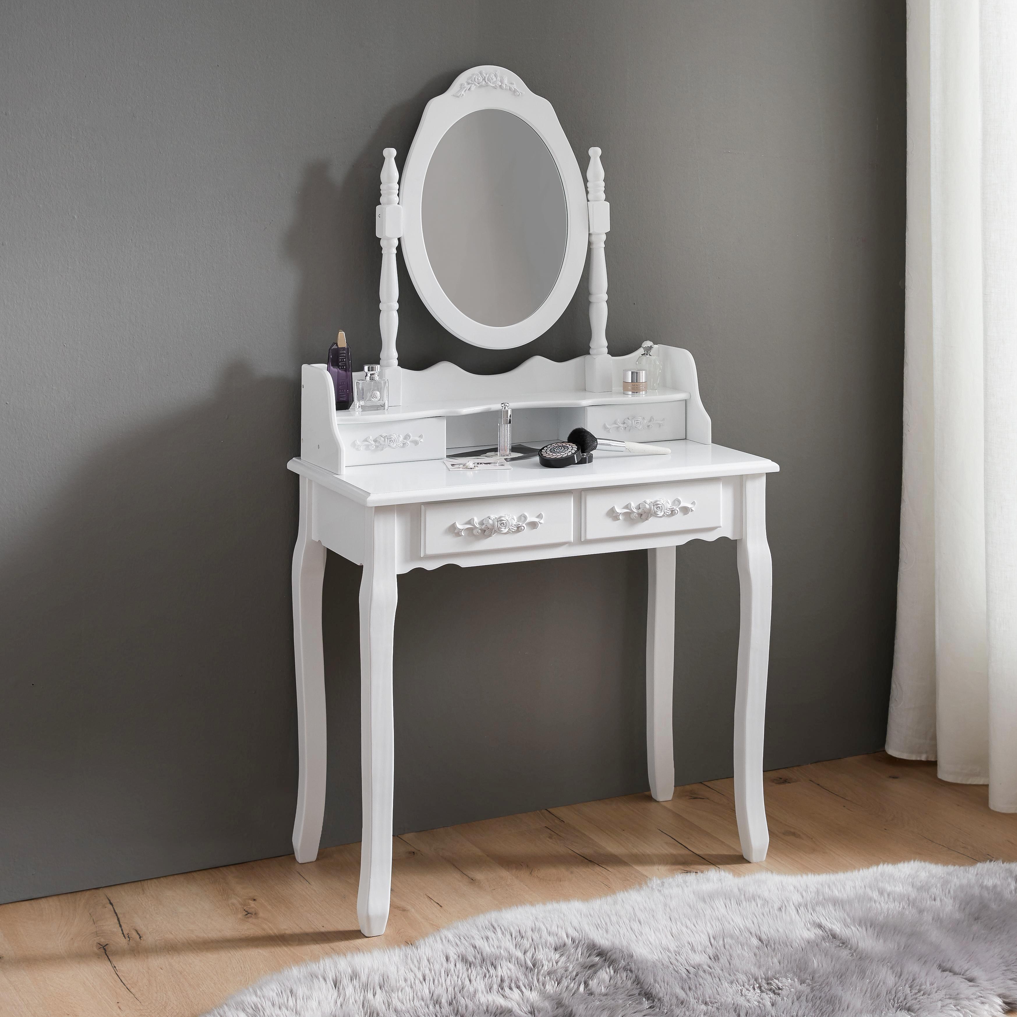 Schminktisch in Weiß ca.75x40cm 'Romy' - Weiß, ROMANTIK / LANDHAUS, Glas/Holz (75/142/40cm) - Bessagi Home