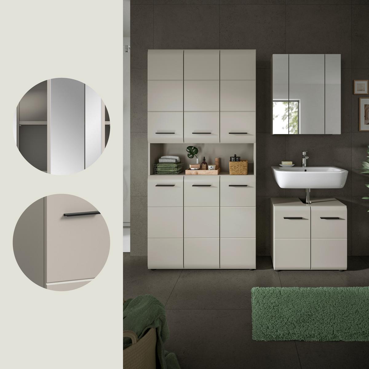 Badezimmer Ice Kaschmir 3-teilig - Kaschmir/Schwarz, Trend, Glas/Holzwerkstoff (150cm) - MID.YOU