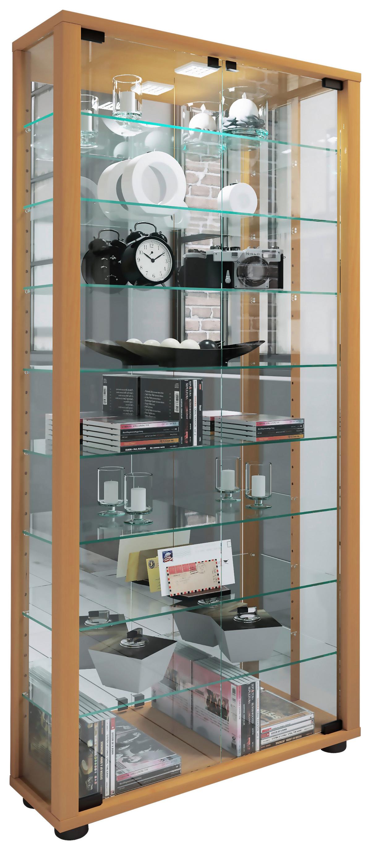 Vitrine Lumo mit LED ca. 59x115x18 cm Buche - Buchefarben/Schwarz, MODERN, Glas/Holzwerkstoff (59/114,8/18cm) - MID.YOU