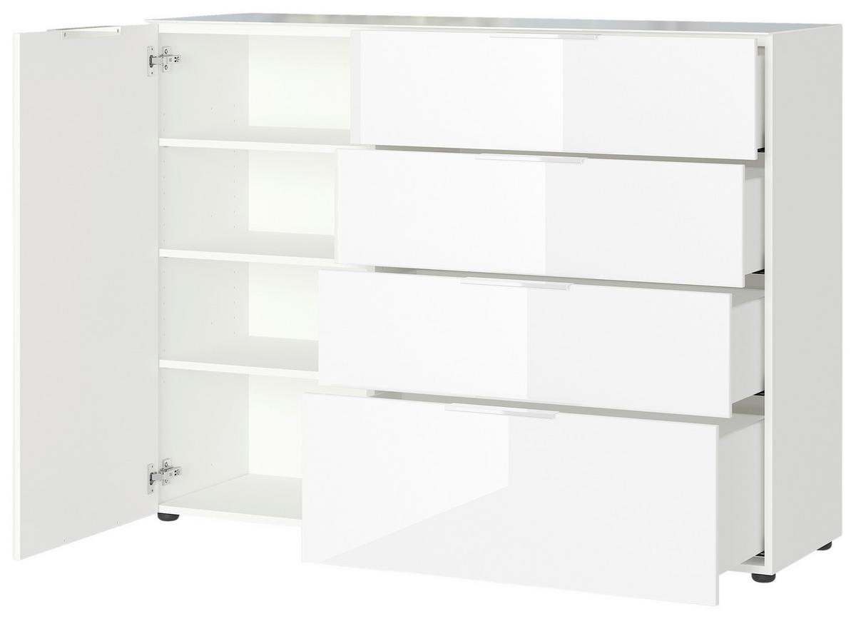 sideboard in Weiss - couleur chromée/noir, Modern, verre/métal (134/102/42cm) - Premium Living