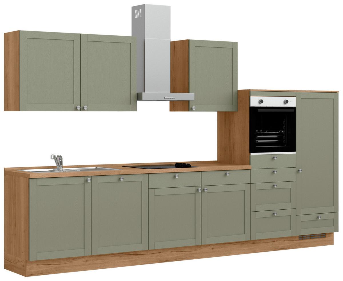 Küchenleerblock Frame Low o. Geräte Olivgrün - Edelstahlfarben/Eichefarben, MODERN, Holzwerkstoff/Metall (360cm) - Nobilia