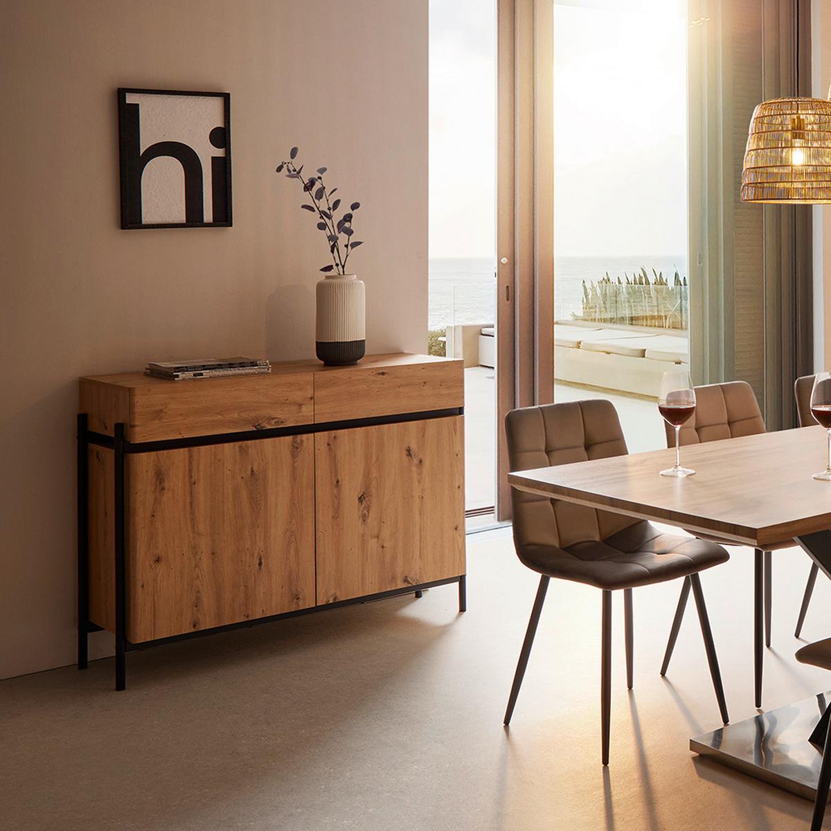 Sideboard Jasmina in Eichenfarben/Schwarz massiv - Eichefarben/Schwarz, Modern, Holz/Metall (118/90/41,5cm) - Bessagi Home