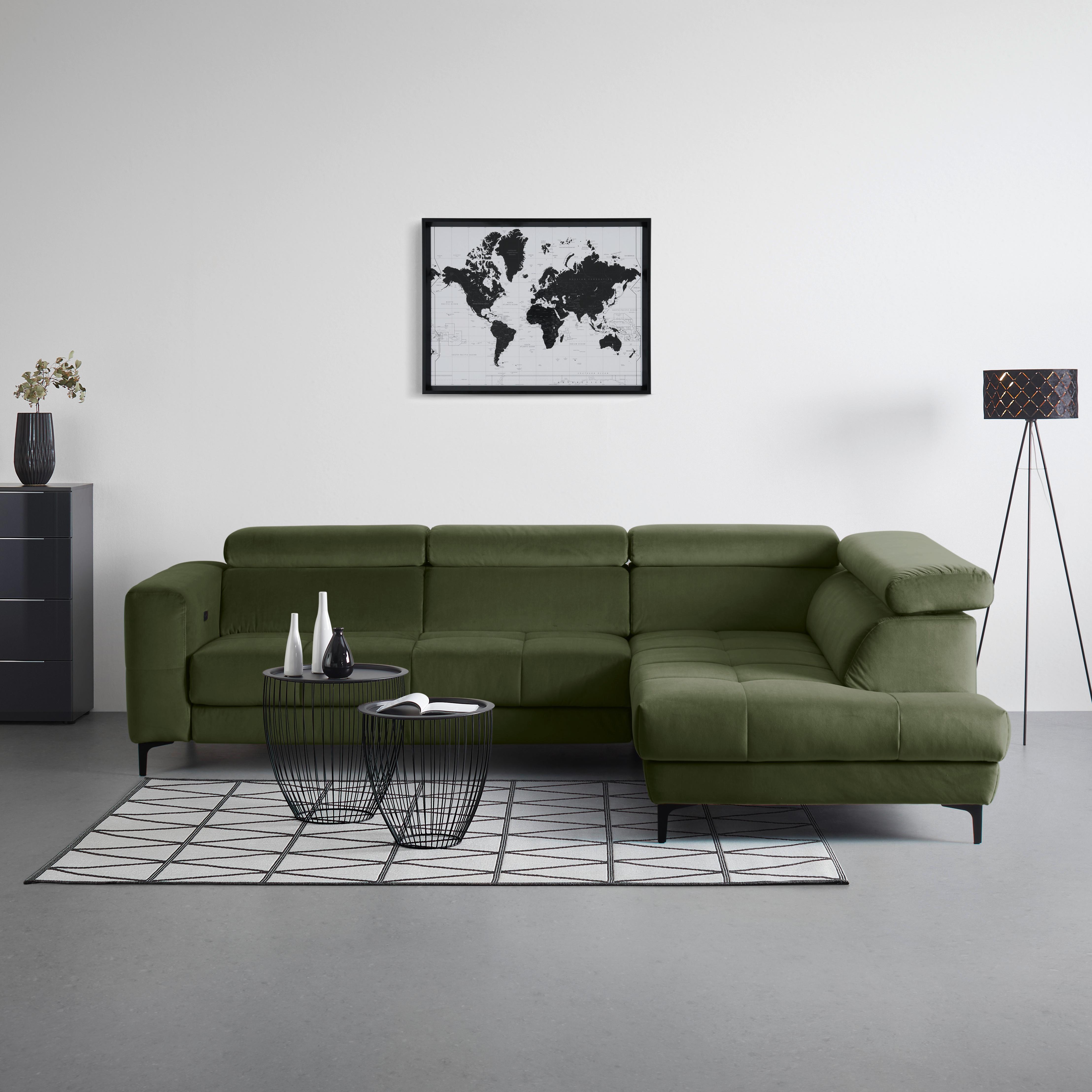 Ecksofa Emma rechts Olivgrün - Schwarz/Olivgrün, MODERN, Textil (301/210cm) - Premium Living