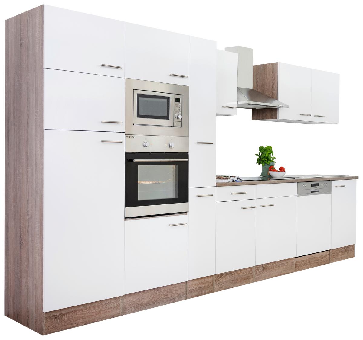 Küchenblock mit Geräten ca. 370 cm Weiß/Eichenfarbe - Eichefarben/Weiß, MODERN, Holzwerkstoff (370cm) - Respekta