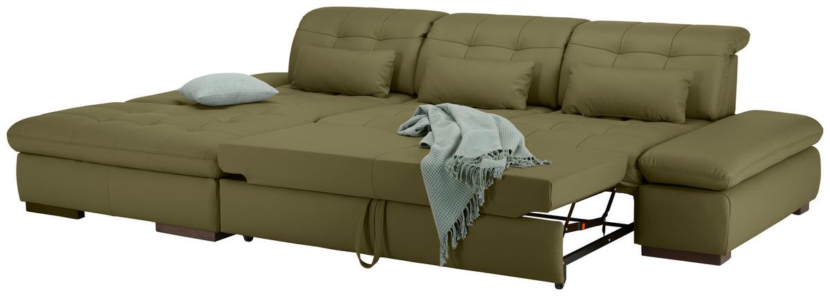 Wohnlandschaft Sanfino Leder Olivgrün - Chromfarben/Olivgrün, KONVENTIONELL, Leder/Metall (199/79-96/305cm) - Premium Living