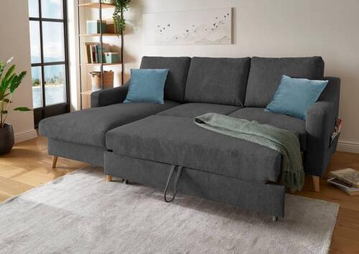 Wohnlandschaft Valentina Schwarz Mikrofaser - Blau/Schwarz, Design, Holz/Textil (150/228cm) - MID.YOU